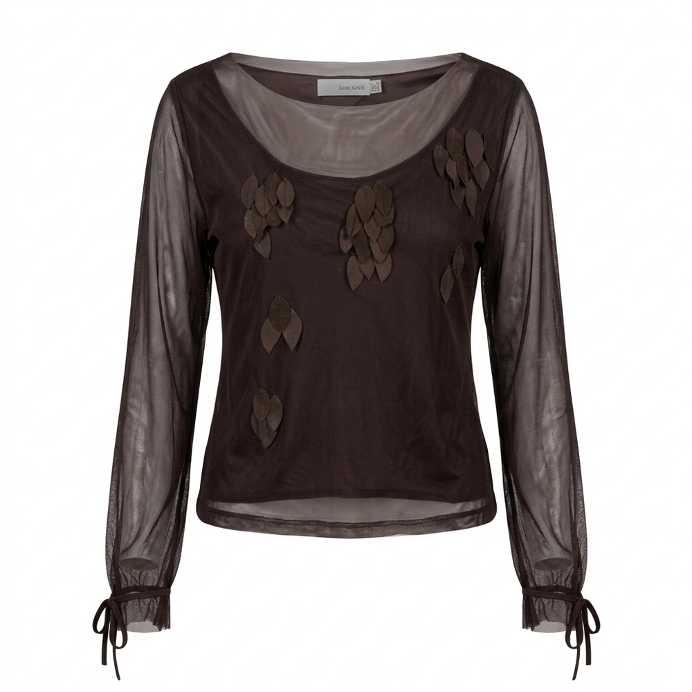 Luis Civit brown sheer mesh long sleeve top with wide scoop neckline, leaf appli
